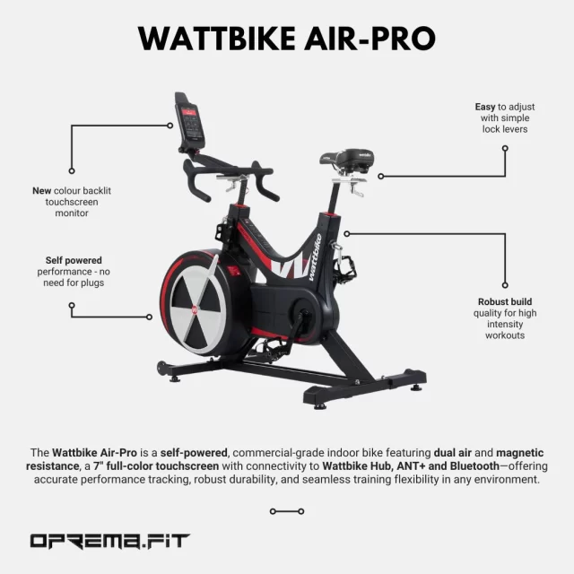 Wattbike Air-Pro – Elite Cycling Performance Indoors! 🚴Built for athletes, coaches, and performance facilities, the Wattbike Air-Pro delivers precision, power, and durability in one compact design. With dual air + magnetic resistance, self-powered technology, and a 7" touchscreen loaded with connectivity options, it’s perfect for testing, training, and pushing limits.🔩 Dual resistance system (air + magnetic) for smooth, progressive load
🔩 Self-powered, no mains needed
🔩 7" full-colour touchscreen with Wattbike Hub, ANT+ and Bluetooth connectivity
🔩 Industry-leading data accuracy for performance tracking
🔩 Built to withstand the demands of elite athletes and commercial useTrusted worldwide by professionals, the Wattbike Air-Pro sets the standard for indoor cycling performance.🔗 Contact us to bring the Wattbike Air-Pro to your training space today! 📲 #LinkInBio-Wattbike Air-Pro – Elitne biciklističke performanse u zatvorenom! 🚴Dizajniran za sportaše, trenere i vrhunske fitness centre, Wattbike Air-Pro pruža preciznost, snagu i izdržljivost u kompaktnoj formi. Zahvaljujući dvostrukom sustavu otpora (zrak + magnet), samostalnom napajanju i 7" zaslonu s bogatim opcijama povezivanja, idealan je za testiranje, trening i pomicanje granica.🔩 Dvostruki otpor (zrak + magnet) za gladak i progresivan trening
🔩 Samostalno napajanje, bez potrebe za strujom
🔩 7" zaslon u boji s Wattbike Hub, ANT+ i Bluetooth povezivanjem
🔩 Najpreciznije praćenje performansi u industriji
🔩 Izdržljivost i pouzdanost za profesionalnu i komercijalnu upotrebuKorišten diljem svijeta od strane profesionalaca, Wattbike Air-Pro postavlja standard u indoor biciklizmu.🔗 Kontaktirajte nas i opremite svoj prostor za trening Wattbike Air-Pro modelom već danas! 📲 #LinkInBio#wattbike #fitnessoprema #fitnesoprema #MotionCreatesEmotion